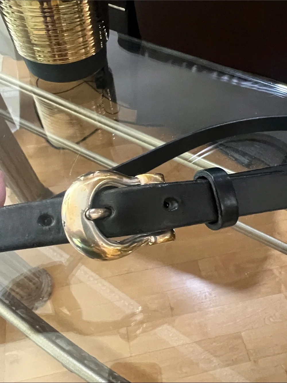 Classic Black Leather Belt with Gold Buckle